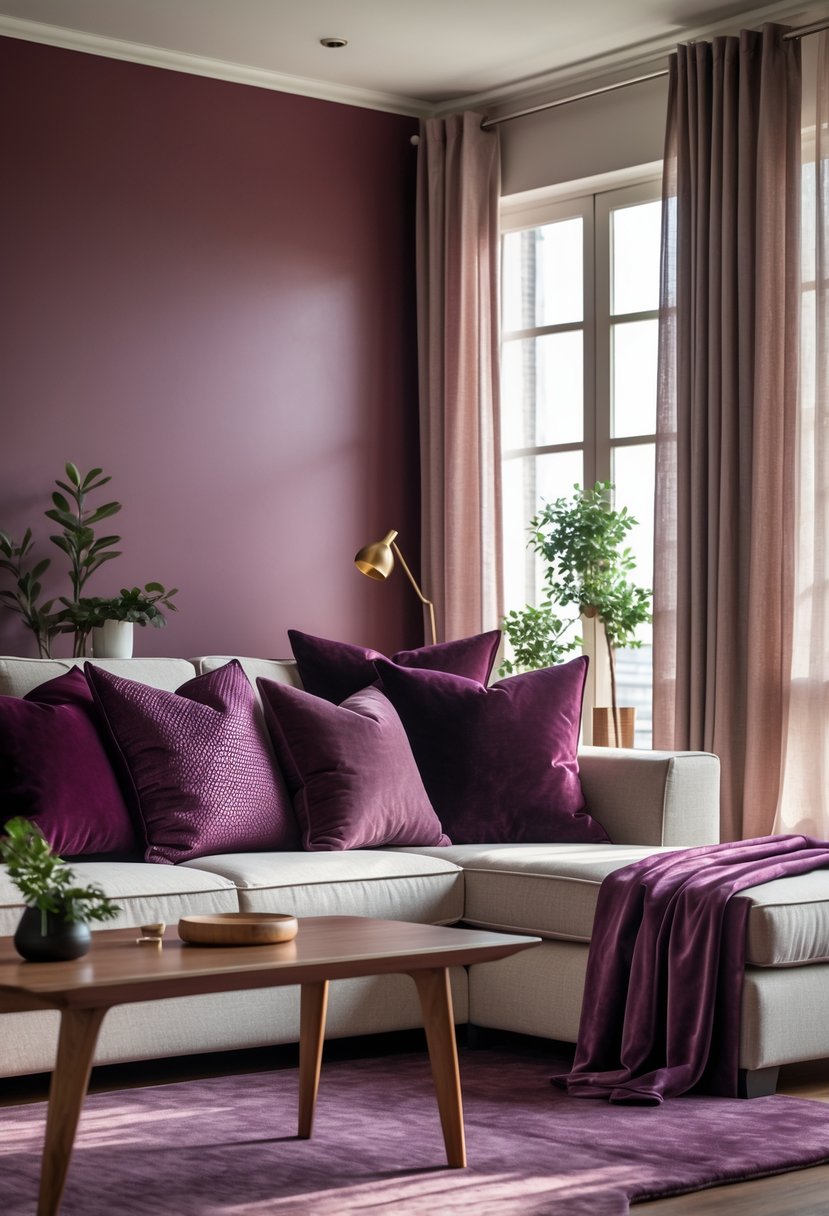 Cherry Coded Living Room Color Palette: 22 Stylish Ideas for Modern Interiors 8 Living room with a sofa decorated with plum and maroon throw pillows, a wooden coffee table, and warm cherry-colored walls.