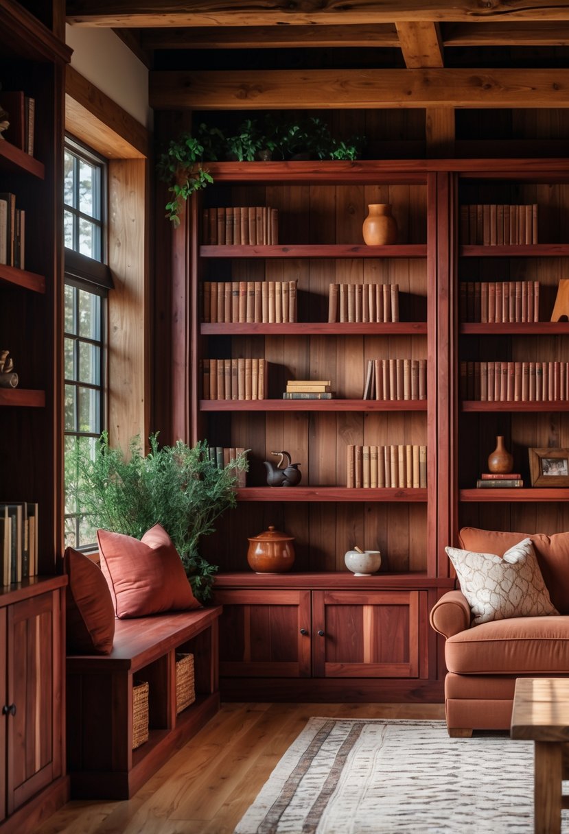 Cherry Coded Living Room Color Palette: 22 Stylish Ideas for Modern Interiors 9 A living room with rustic wooden bookshelves filled with books and decorations, warm cherry wood tones, and comfortable seating.