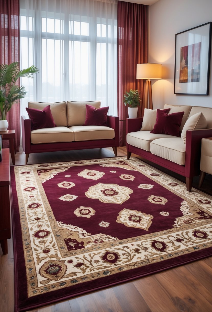 Cherry Coded Living Room Color Palette: 22 Stylish Ideas for Modern Interiors 10 A living room with a patterned burgundy area rug, cherry wood furniture, a beige sofa with throw pillows, and natural light coming through large windows.