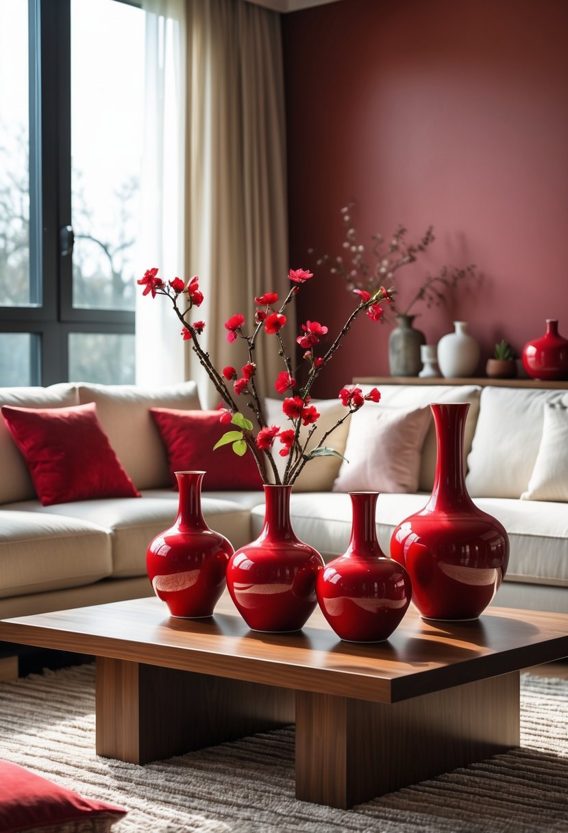 Cherry Coded Living Room Color Palette: 22 Stylish Ideas for Modern Interiors 11 A living room with cherry red ceramic vases on a wooden coffee table surrounded by a sofa and decor in warm red and neutral tones.