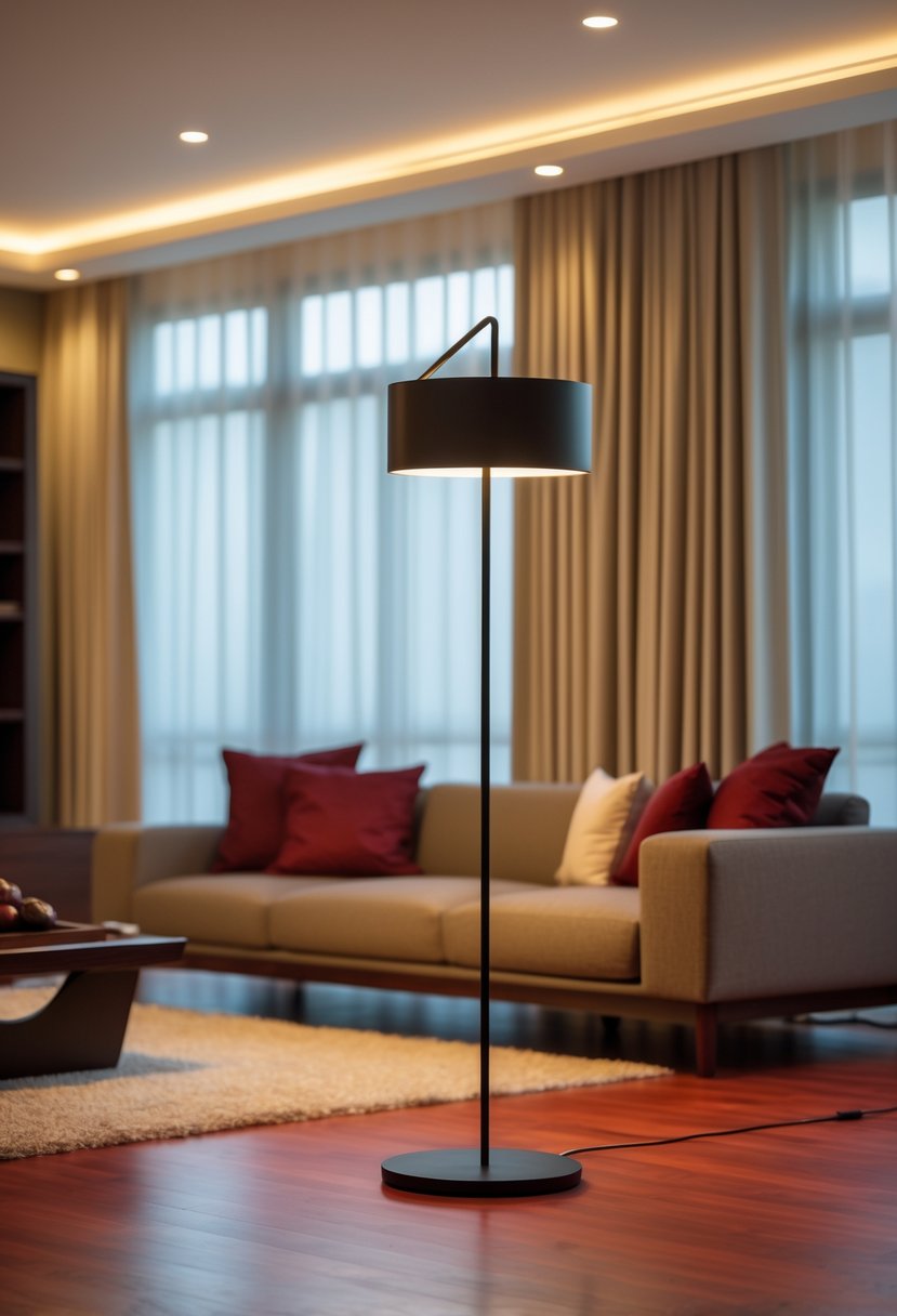 Cherry Coded Living Room Color Palette: 22 Stylish Ideas for Modern Interiors 12 A living room with a black metal floor lamp next to a sofa, featuring cherry wood furniture and warm red and brown accents.