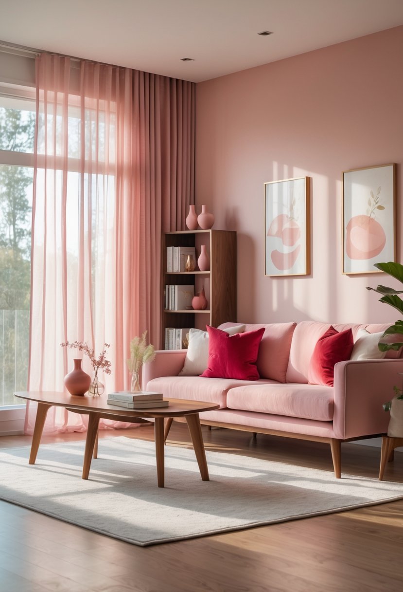 Cherry Coded Living Room Color Palette: 22 Stylish Ideas for Modern Interiors 13 A living room with blush-colored curtains, a blush sofa, cherry wood furniture, and soft natural lighting.