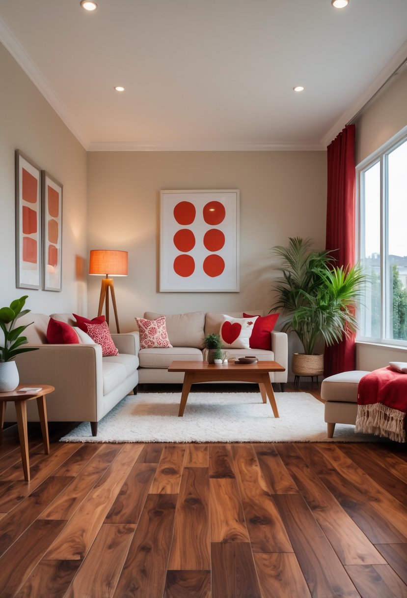 Cherry Coded Living Room Color Palette: 22 Stylish Ideas for Modern Interiors 14 A living room with warm walnut wood flooring, beige sofa, cherry red cushions, wooden coffee table, and green plants near large windows.