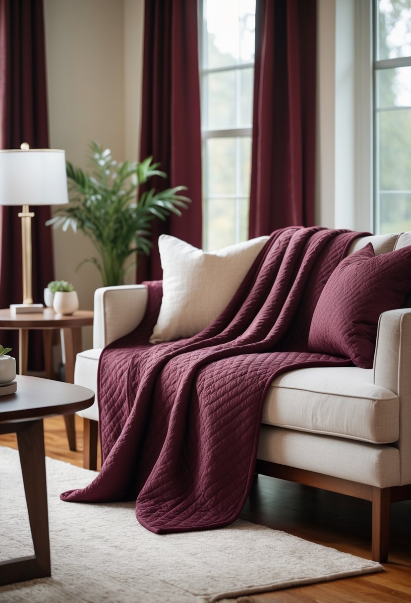 Cherry Coded Living Room Color Palette: 22 Stylish Ideas for Modern Interiors 15 A living room with a maroon quilted throw blanket on a sofa surrounded by cherry wood furniture and warm colored decor.