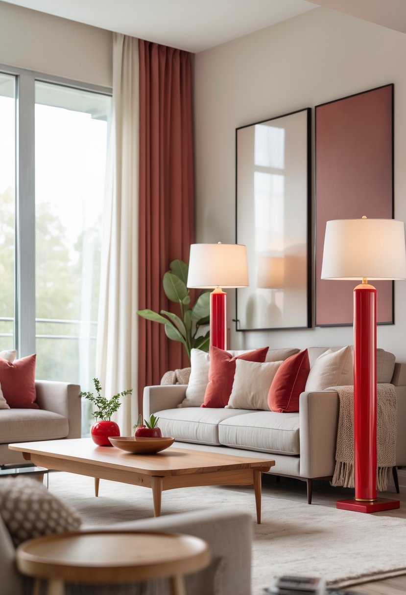 Cherry Coded Living Room Color Palette: 22 Stylish Ideas for Modern Interiors 16 A living room with cherry red slim lamp bases, a neutral sofa, wooden coffee table, cushions, and natural light coming through large windows.