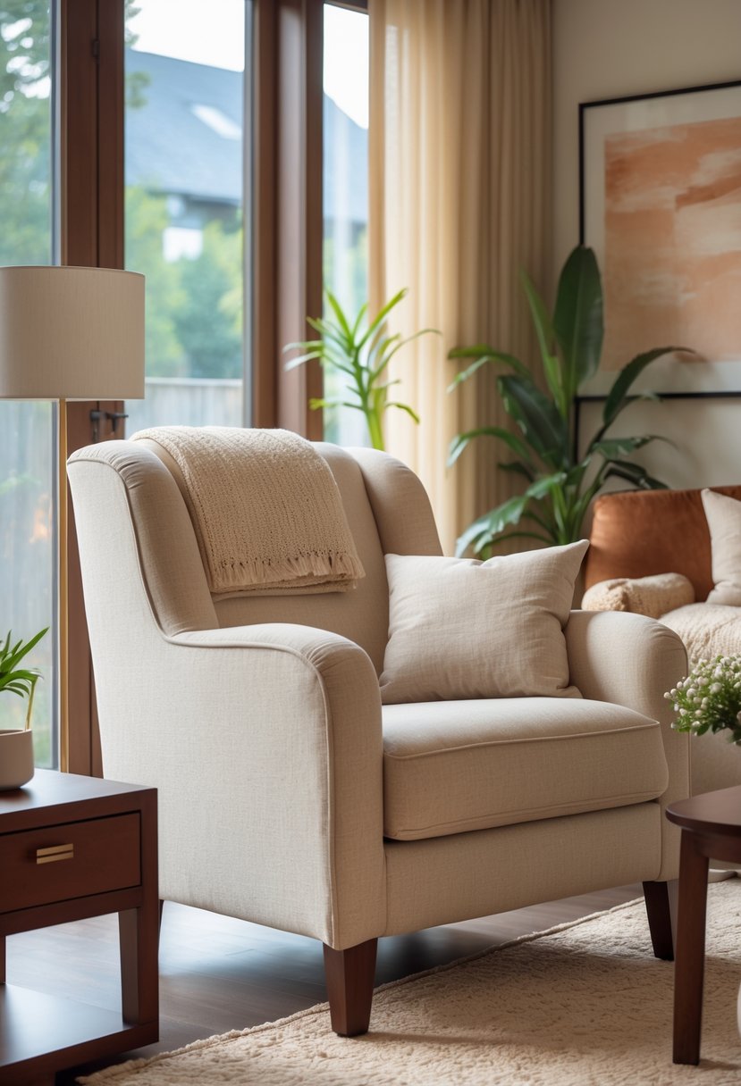 Cherry Coded Living Room Color Palette: 22 Stylish Ideas for Modern Interiors 17 A beige linen armchair in a living room with cherry wood furniture and warm natural lighting.