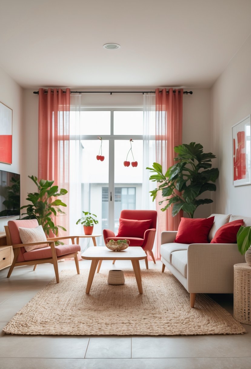 Cherry Coded Living Room Color Palette: 22 Stylish Ideas for Modern Interiors 18 Living room with a natural jute rug, cherry red accents, neutral walls, light wood furniture, and green plants.