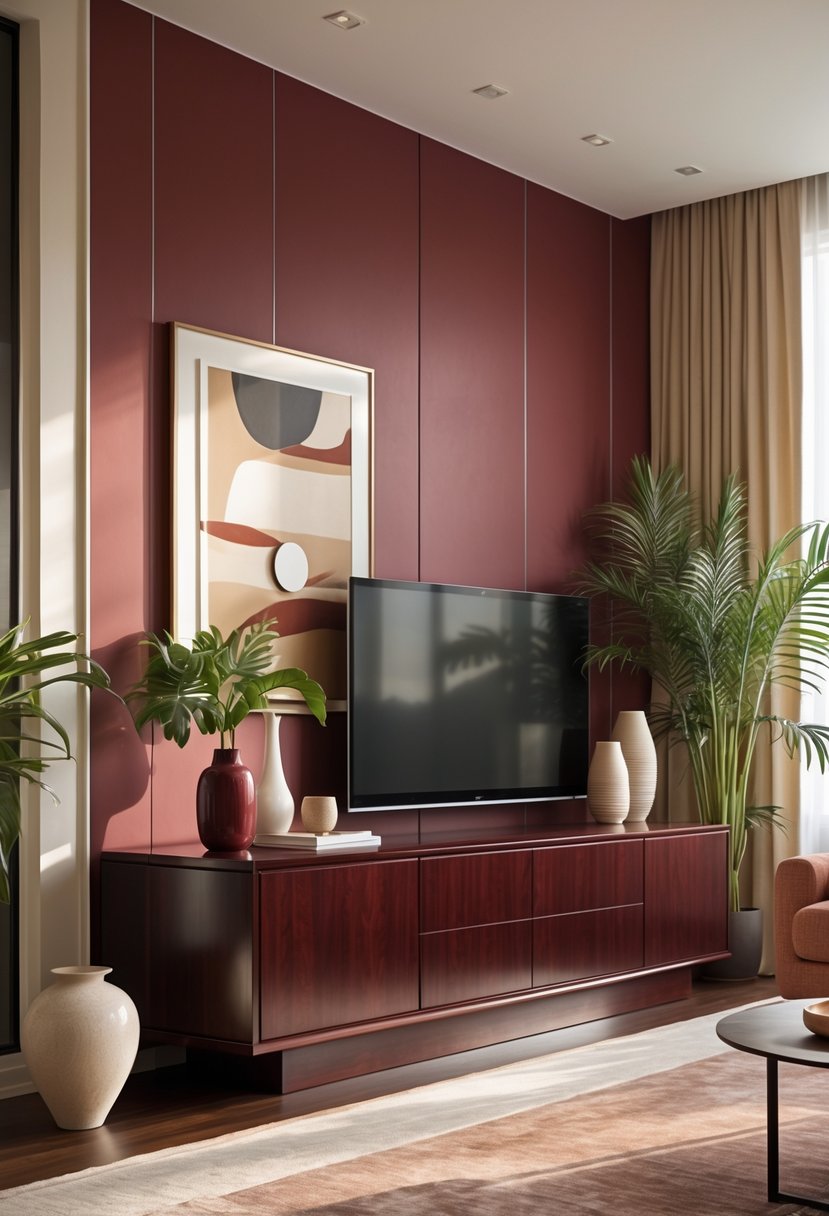 Cherry Coded Living Room Color Palette: 22 Stylish Ideas for Modern Interiors 19 Living room with a dark cherry wood media console, sofa with cushions, area rug, plants, and decorative items.