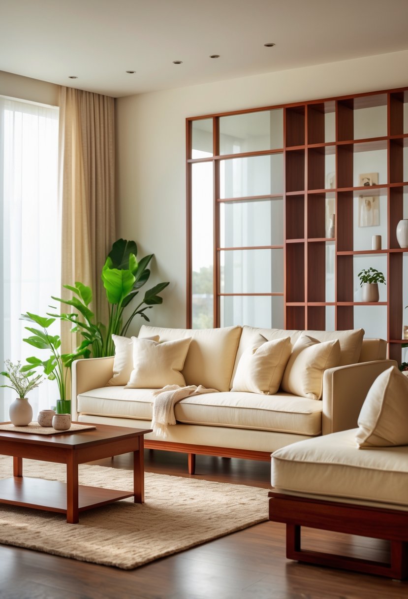 Cherry Coded Living Room Color Palette: 22 Stylish Ideas for Modern Interiors 20 A living room with cream-colored cushions on a sofa and cherry wood furniture, bathed in natural light.