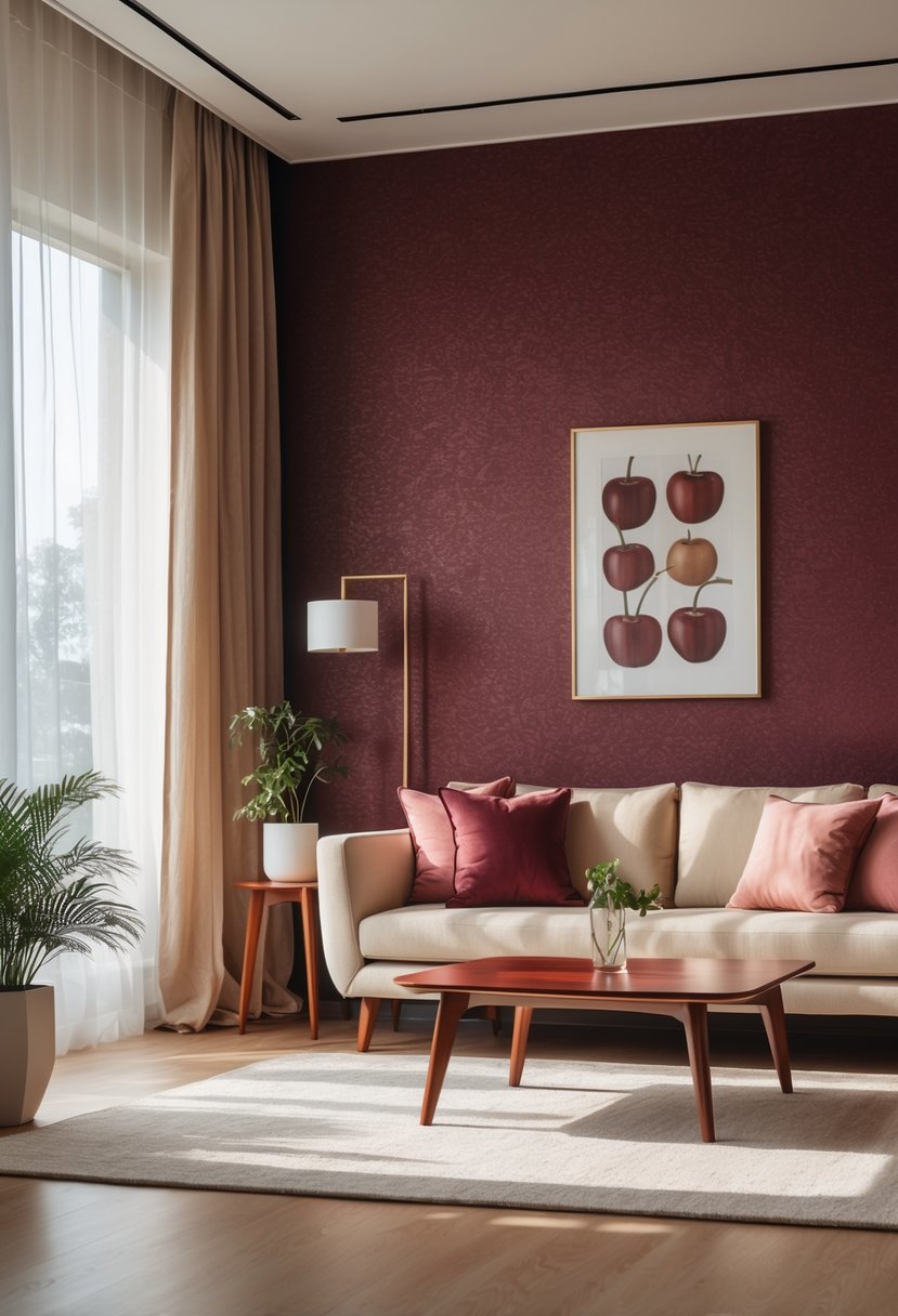 Cherry Coded Living Room Color Palette: 22 Stylish Ideas for Modern Interiors 22 A living room with a textured burgundy accent wall, a sofa, wooden coffee table, indoor plants, and soft natural lighting.