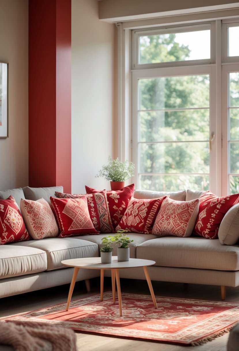 Cherry Coded Living Room Color Palette: 22 Stylish Ideas for Modern Interiors 23 Living room with a sofa decorated with cherry red patterned cushions and natural light coming through a window.