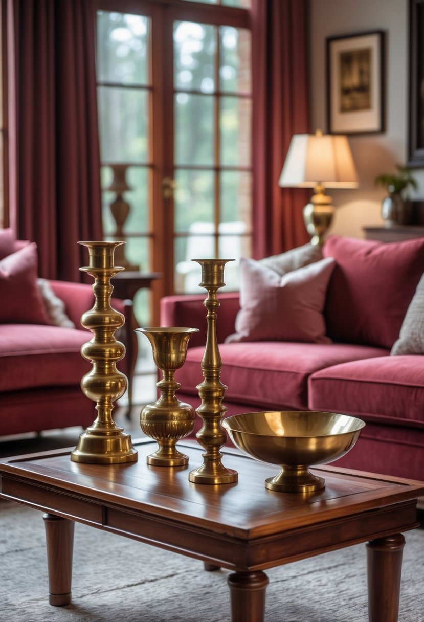 Cherry Coded Living Room Color Palette: 22 Stylish Ideas for Modern Interiors 24 A living room with vintage brass decorative objects on a wooden coffee table surrounded by cherry-colored furniture and cushions.