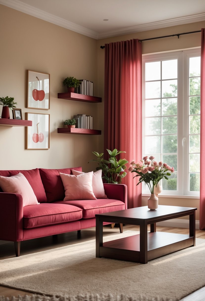 Cherry Coded Living Room Color Palette: 22 Stylish Ideas for Modern Interiors 26 A living room with a cherry red sofa, beige walls, wooden coffee table, and cherry red curtains letting in natural light.