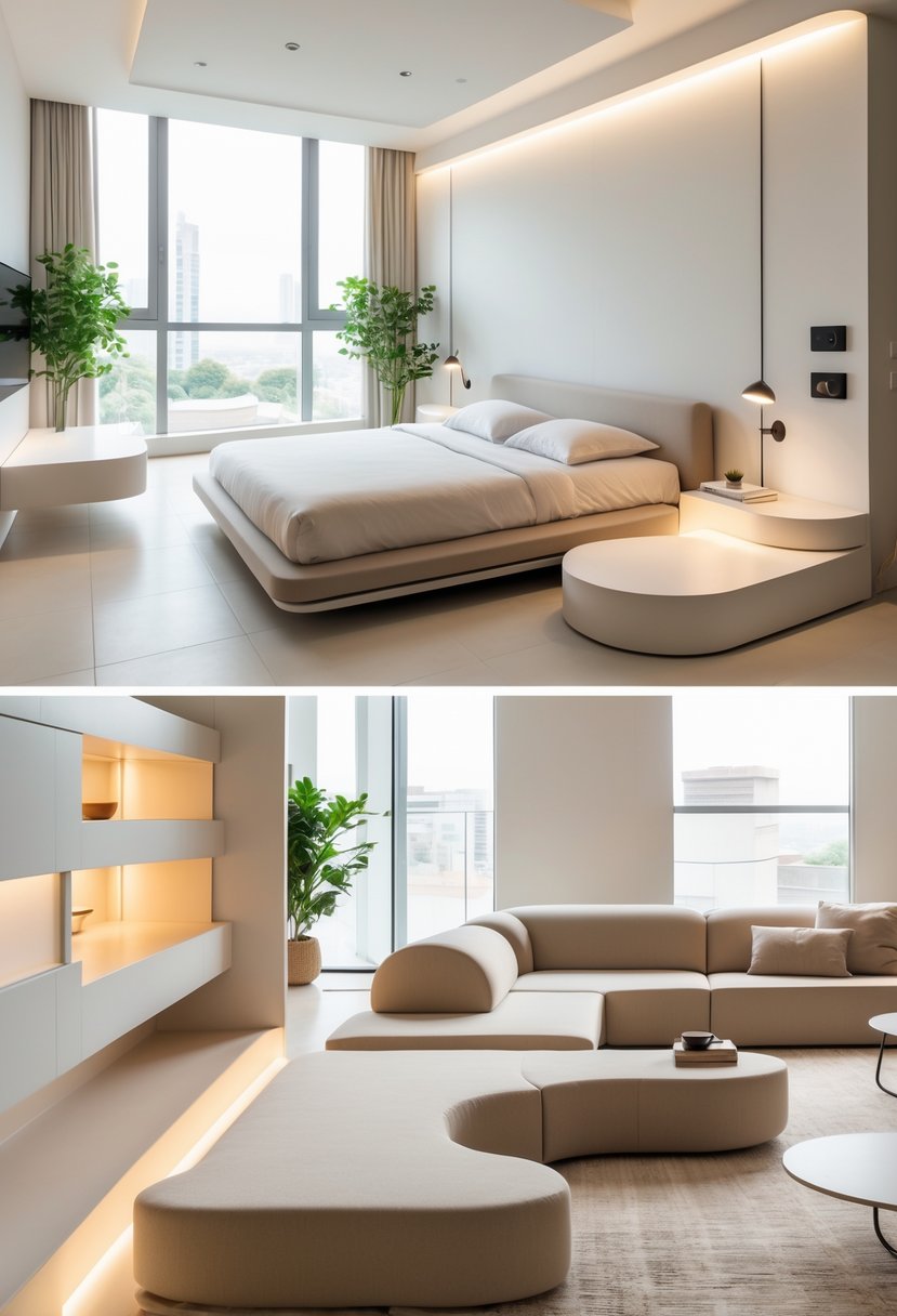 Corner-Free Furniture Ideas for Bedrooms & Living Rooms: 28 Stylish and Space-Savvy Picks 2 A bright bedroom and living room with furniture arranged away from corners, featuring a bed, sofa, tables, plants, and large windows letting in natural light.