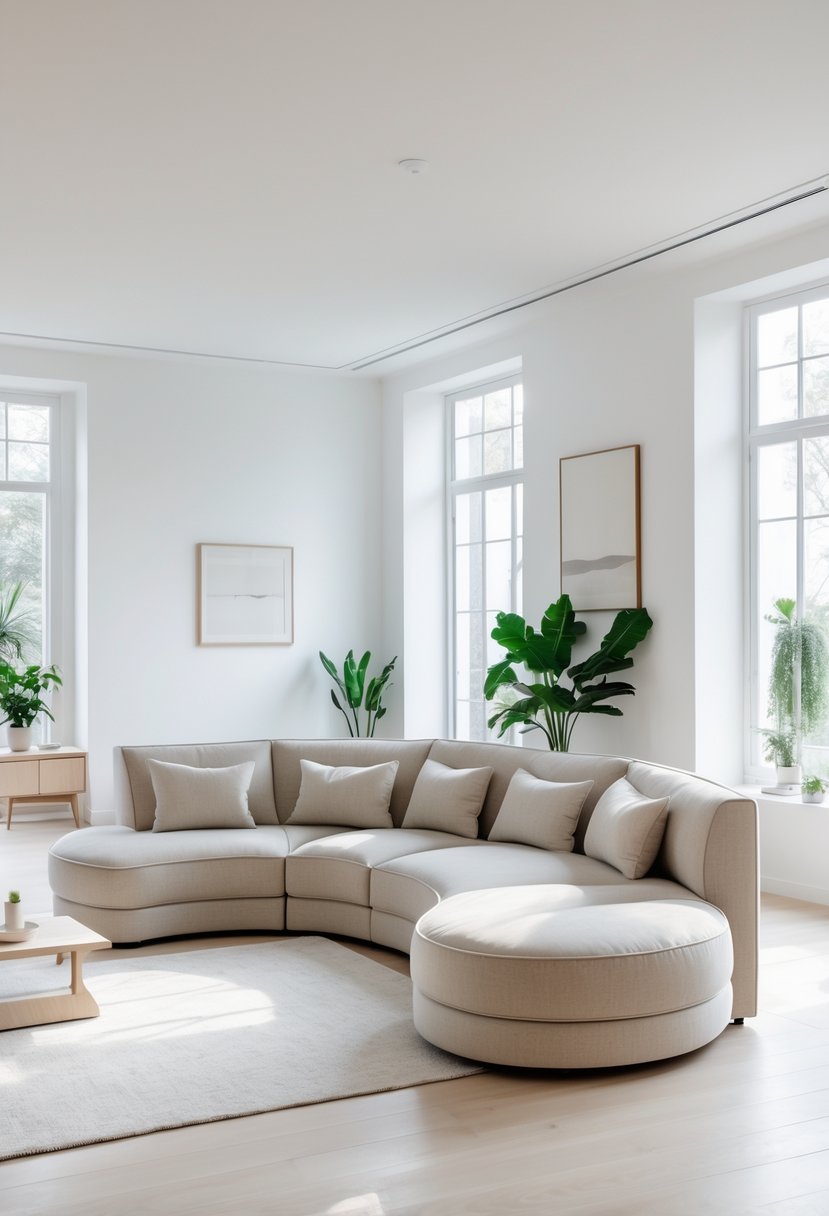 Corner-Free Furniture Ideas for Bedrooms & Living Rooms: 28 Stylish and Space-Savvy Picks 3 A spacious living room featuring a curved sectional sofa with soft cushions, natural light coming through large windows, and simple decor including plants and a coffee table.