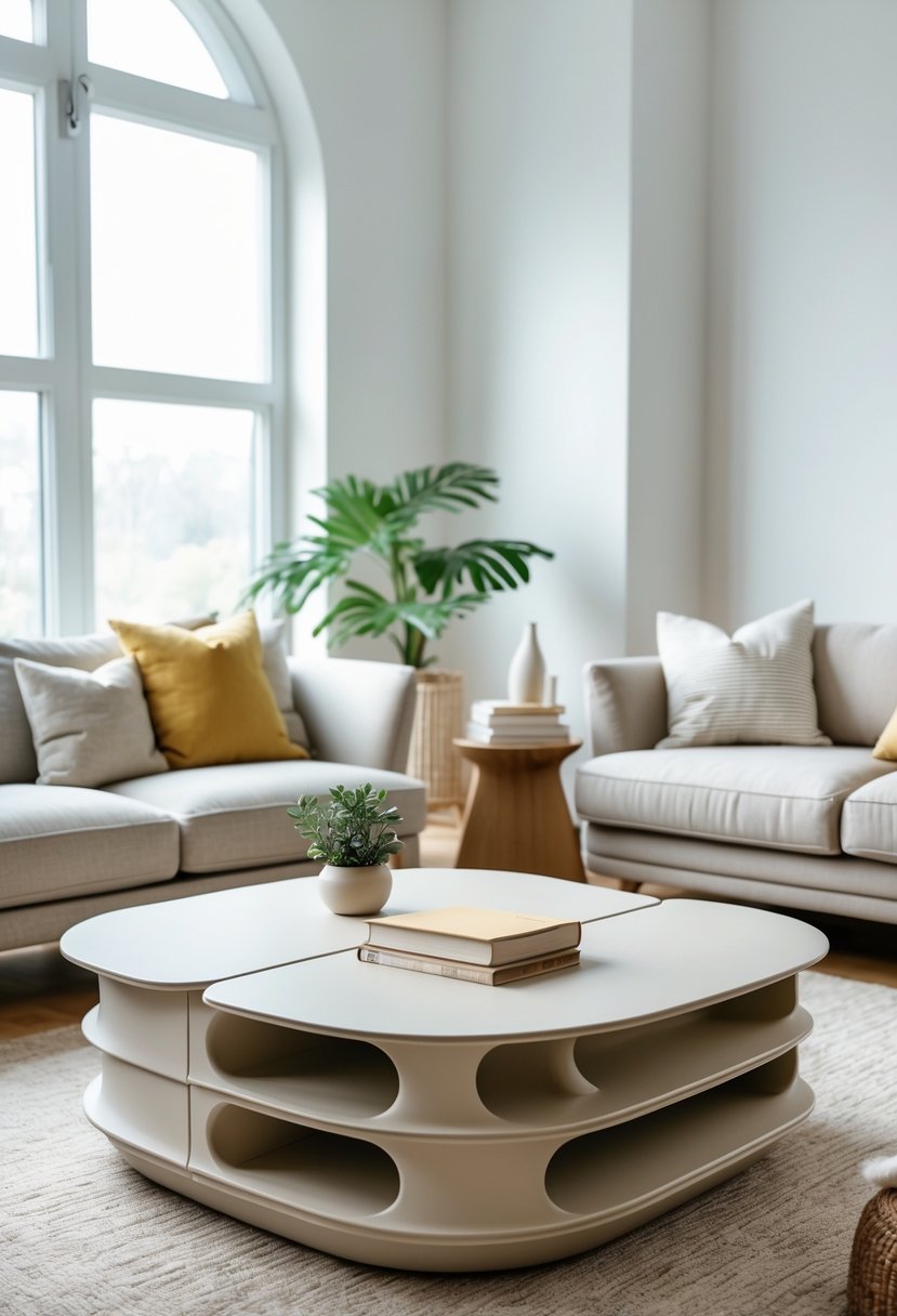 Corner-Free Furniture Ideas for Bedrooms & Living Rooms: 28 Stylish and Space-Savvy Picks 4 Rounded coffee table with storage in a bright living room surrounded by seating and natural light.