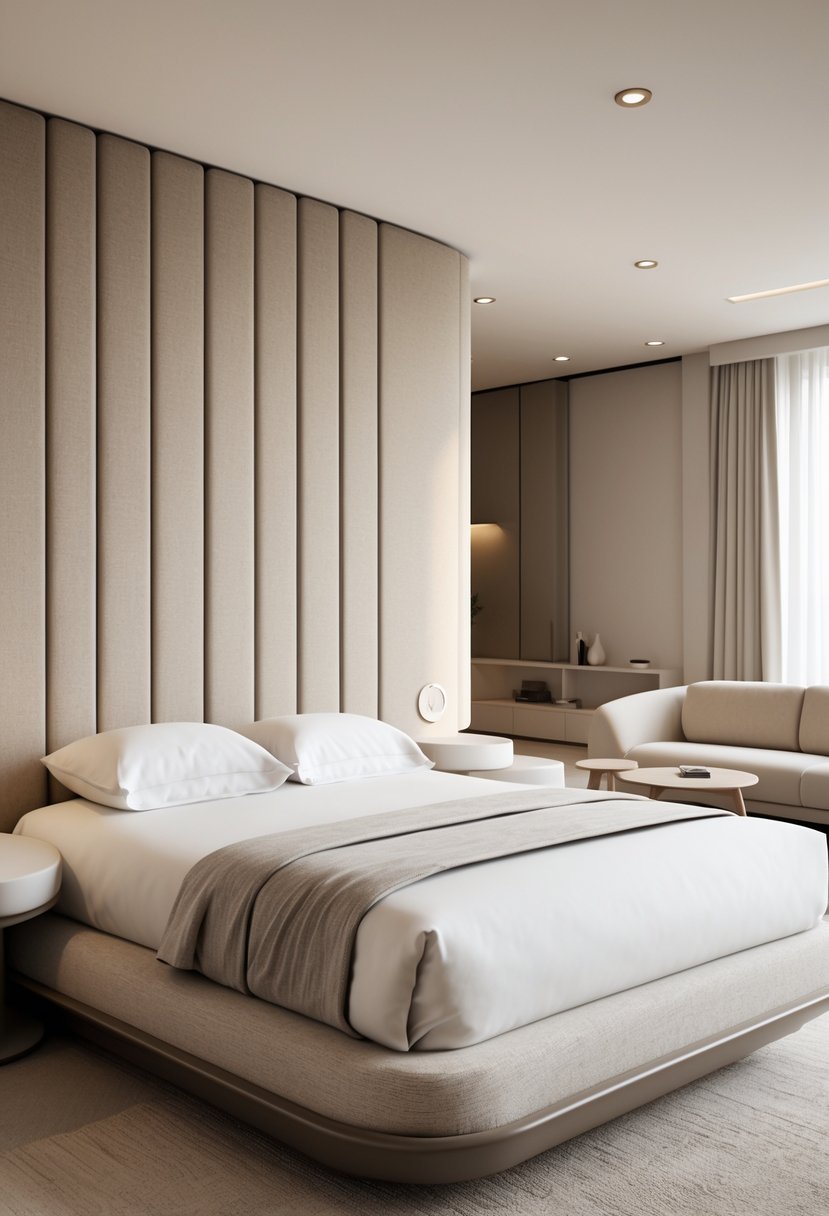 Corner-Free Furniture Ideas for Bedrooms & Living Rooms: 28 Stylish and Space-Savvy Picks 6 A bedroom with a soft-edged upholstered headboard and corner-free furniture, including a rounded sofa and bedside table, illuminated by natural light.