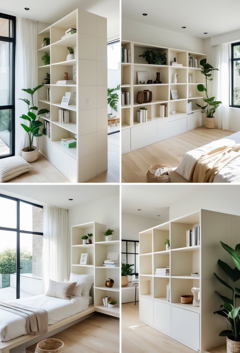 Corner-Free Furniture Ideas for Bedrooms & Living Rooms: 28 Stylish and Space-Savvy Picks 7 A bright bedroom and living room area with modular shelving units that avoid corners, displaying books and plants in an open, spacious layout.