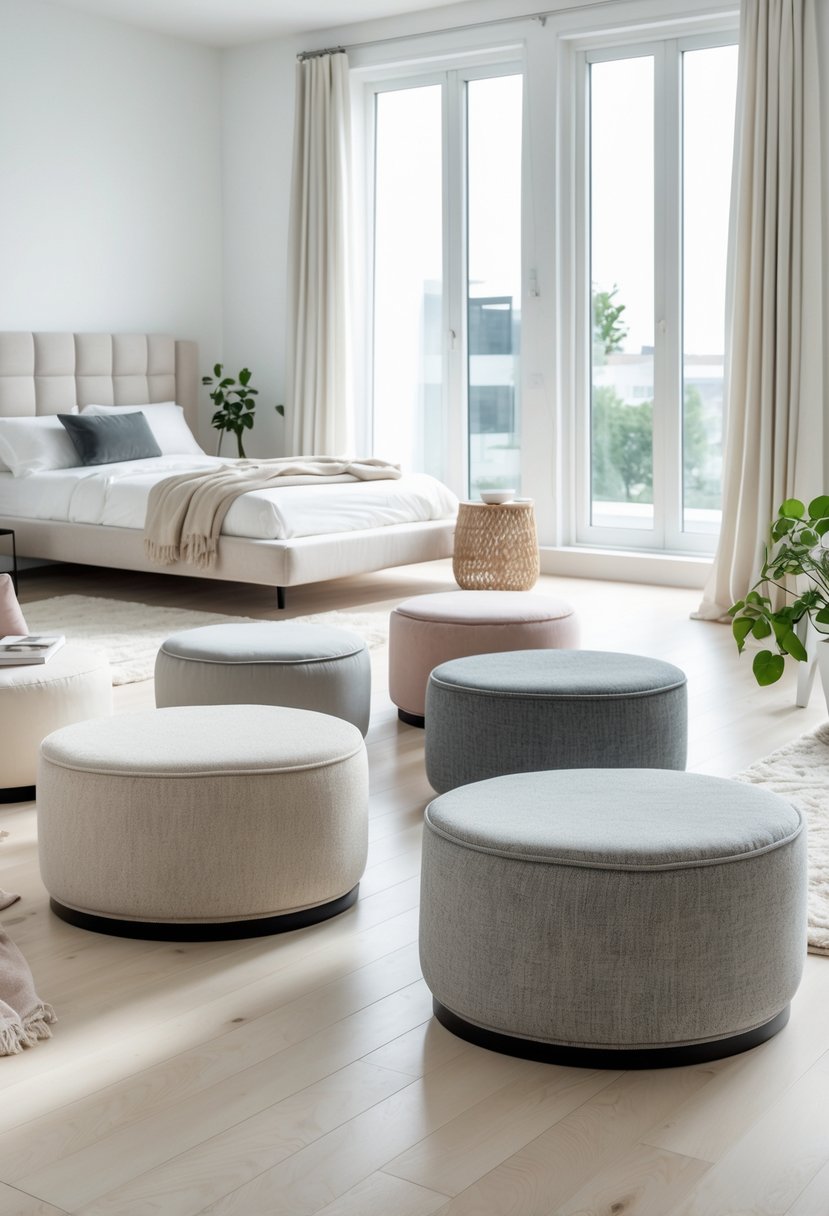 Corner-Free Furniture Ideas for Bedrooms & Living Rooms: 28 Stylish and Space-Savvy Picks 8 A bright bedroom and living room area with several circular ottomans arranged as versatile seating options in an open, corner-free layout.