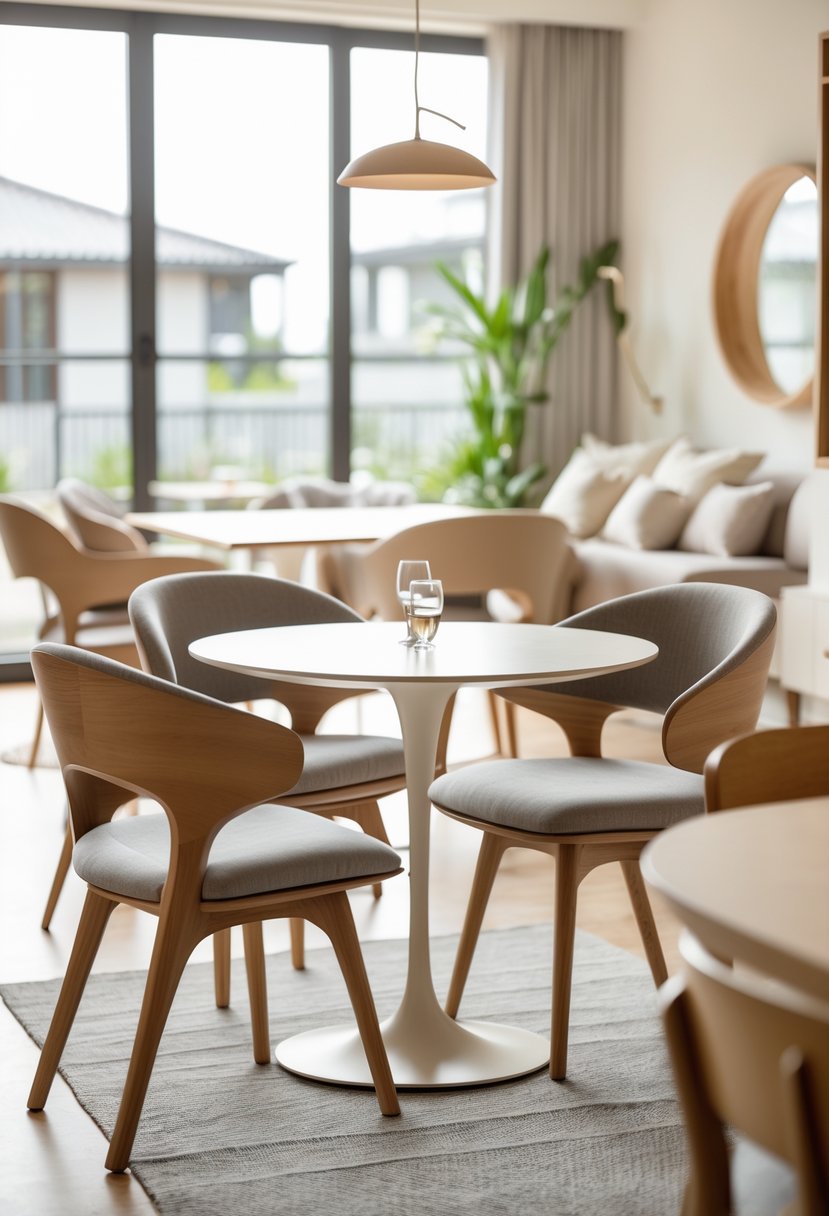 Corner-Free Furniture Ideas for Bedrooms & Living Rooms: 28 Stylish and Space-Savvy Picks 9 A bright dining area with rounded dining chairs around a table, featuring smooth-edged furniture in the background.