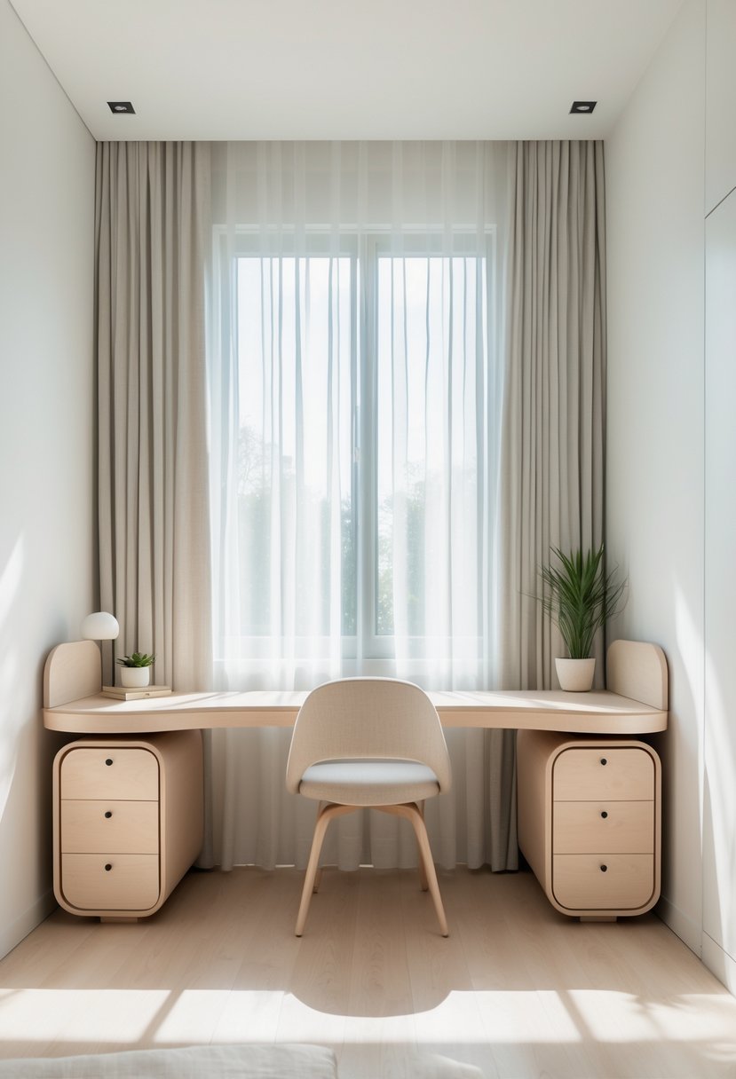 Corner-Free Furniture Ideas for Bedrooms & Living Rooms: 28 Stylish and Space-Savvy Picks 11 A bedroom with a rounded-edge desk, curved furniture, a chair, a potted plant, and natural light coming through a window.