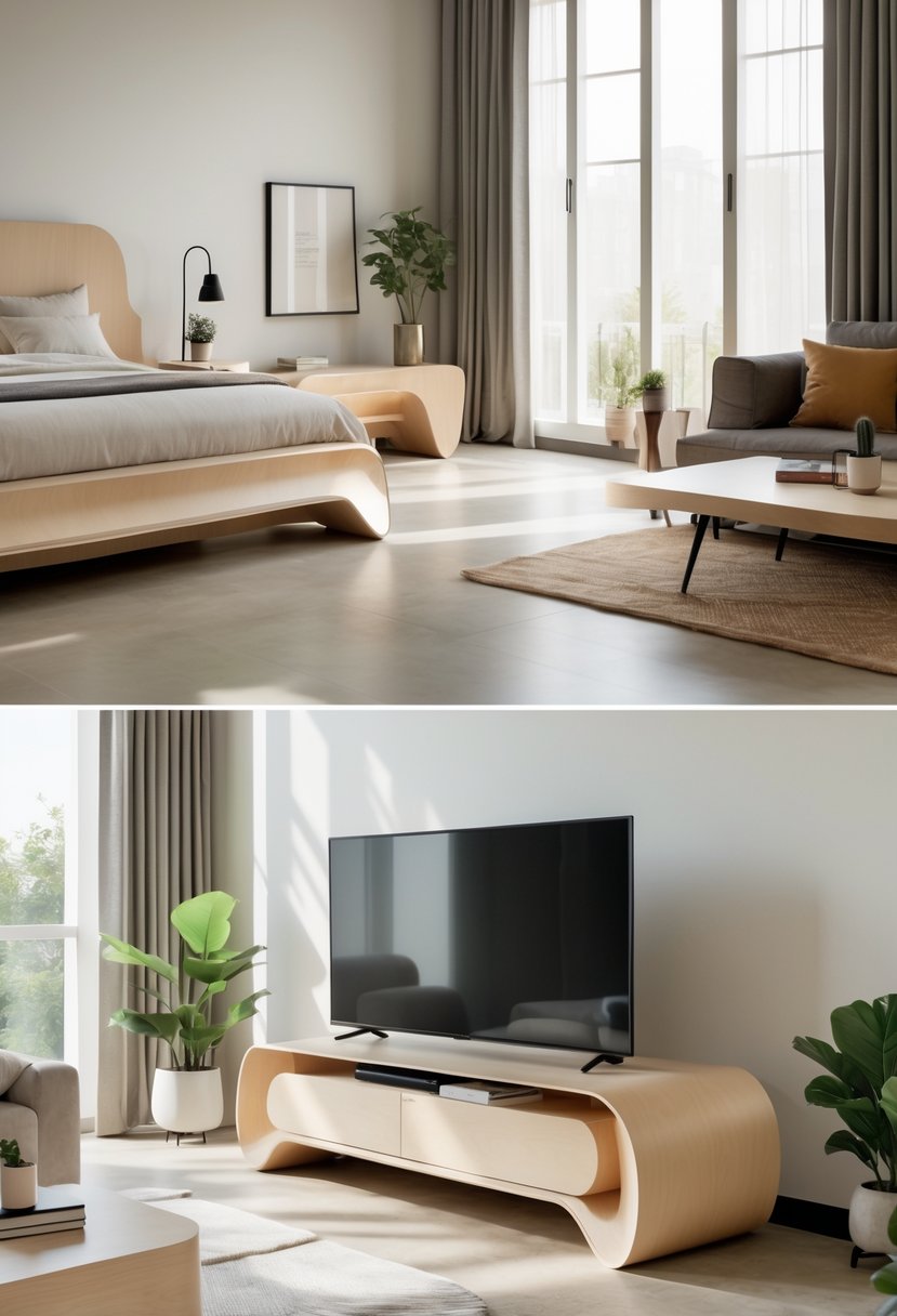 Corner-Free Furniture Ideas for Bedrooms & Living Rooms: 28 Stylish and Space-Savvy Picks 12 A bedroom and living room area featuring soft-cornered TV stands with rounded edges, a flat-screen TV, sofa, coffee table, and natural light coming through windows.