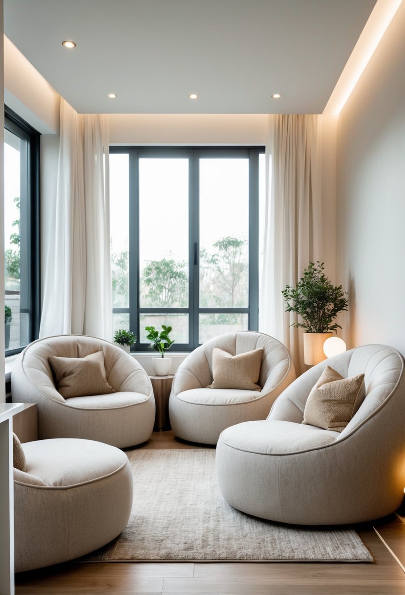 Corner-Free Furniture Ideas for Bedrooms & Living Rooms: 28 Stylish and Space-Savvy Picks 13 A bright bedroom or living room with rounded armchairs and plush cushions arranged in an open, corner-free layout.