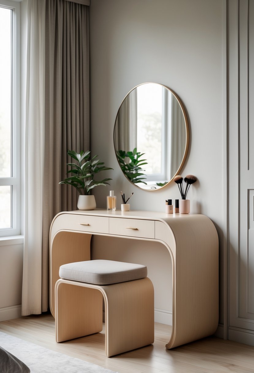 Corner-Free Furniture Ideas for Bedrooms & Living Rooms: 28 Stylish and Space-Savvy Picks 14 A curved vanity table placed in the corner of a bedroom with a cushioned stool, a round mirror, and decorative items on the tabletop.
