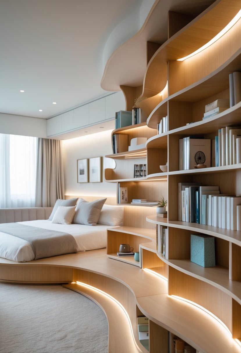 Corner-Free Furniture Ideas for Bedrooms & Living Rooms: 28 Stylish and Space-Savvy Picks 15 A cozy bedroom and living room area with rounded wooden bookshelves filled with books and decor, featuring corner-free furniture and soft natural lighting.