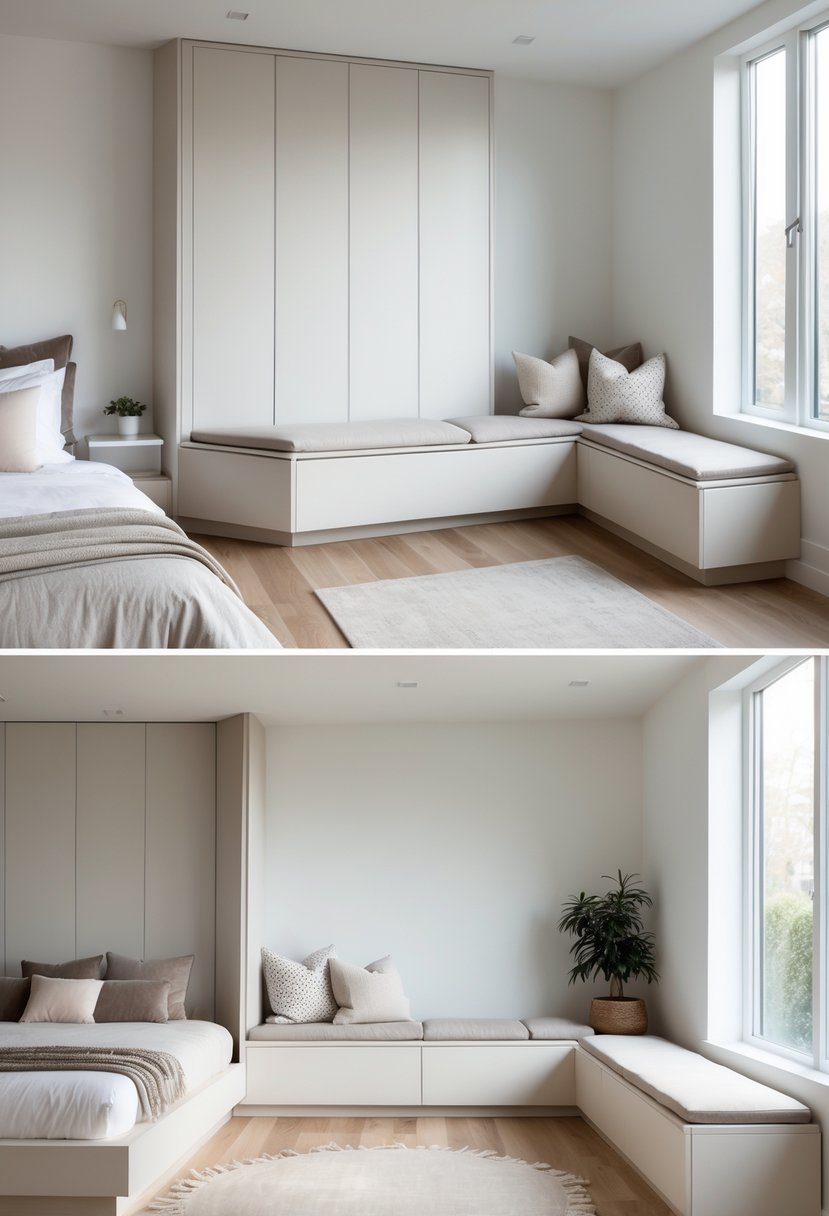 Corner-Free Furniture Ideas for Bedrooms & Living Rooms: 28 Stylish and Space-Savvy Picks 16 A bright room with corner-free storage benches along the walls, showing a bedroom and living area with seating and storage integrated into the benches.