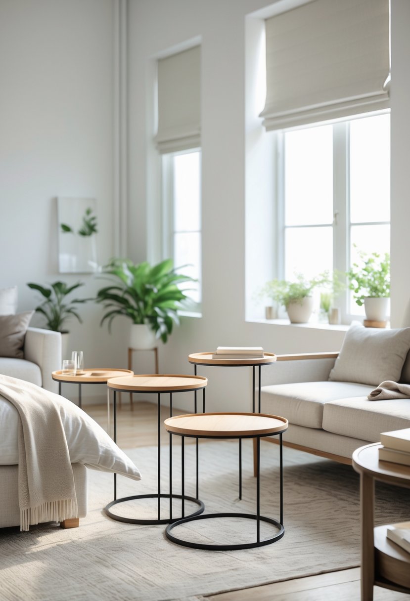 Corner-Free Furniture Ideas for Bedrooms & Living Rooms: 28 Stylish and Space-Savvy Picks 17 A bright bedroom and living room area with circular side tables placed away from corners, featuring a sofa, bed, plants, and soft natural light.