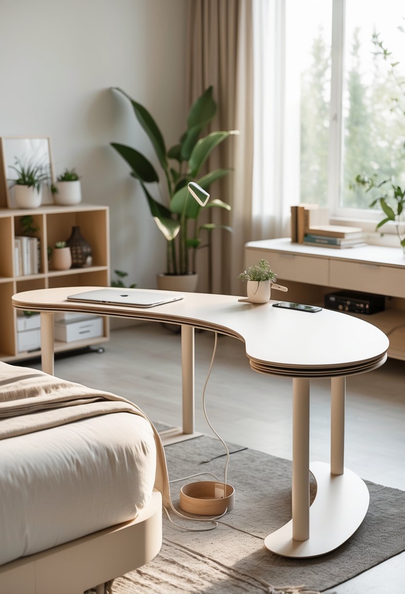 Corner-Free Furniture Ideas for Bedrooms & Living Rooms: 28 Stylish and Space-Savvy Picks 18 A bright room with rounded desks featuring hidden cable management, arranged without corners, surrounded by plants and cozy decor.