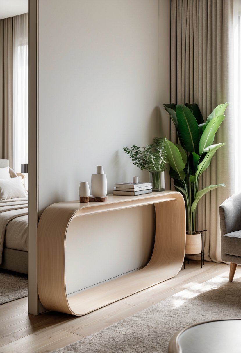 Corner-Free Furniture Ideas for Bedrooms & Living Rooms: 28 Stylish and Space-Savvy Picks 19 A curved console table placed in the corner between a bedroom and living room area, with decorative items and furniture around it.