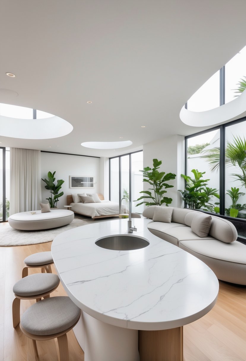 Corner-Free Furniture Ideas for Bedrooms & Living Rooms: 28 Stylish and Space-Savvy Picks 20 An open-plan living space with a rounded kitchen island, curved sofa, and a rounded bed, all featuring smooth edges and neutral colors.