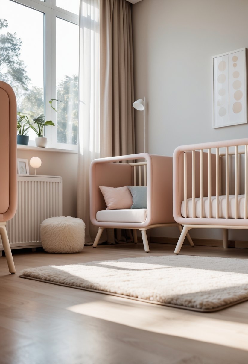 Corner-Free Furniture Ideas for Bedrooms & Living Rooms: 28 Stylish and Space-Savvy Picks 21 A nursery corner with a soft-edged crib in a bright room featuring smooth, rounded furniture and natural light.
