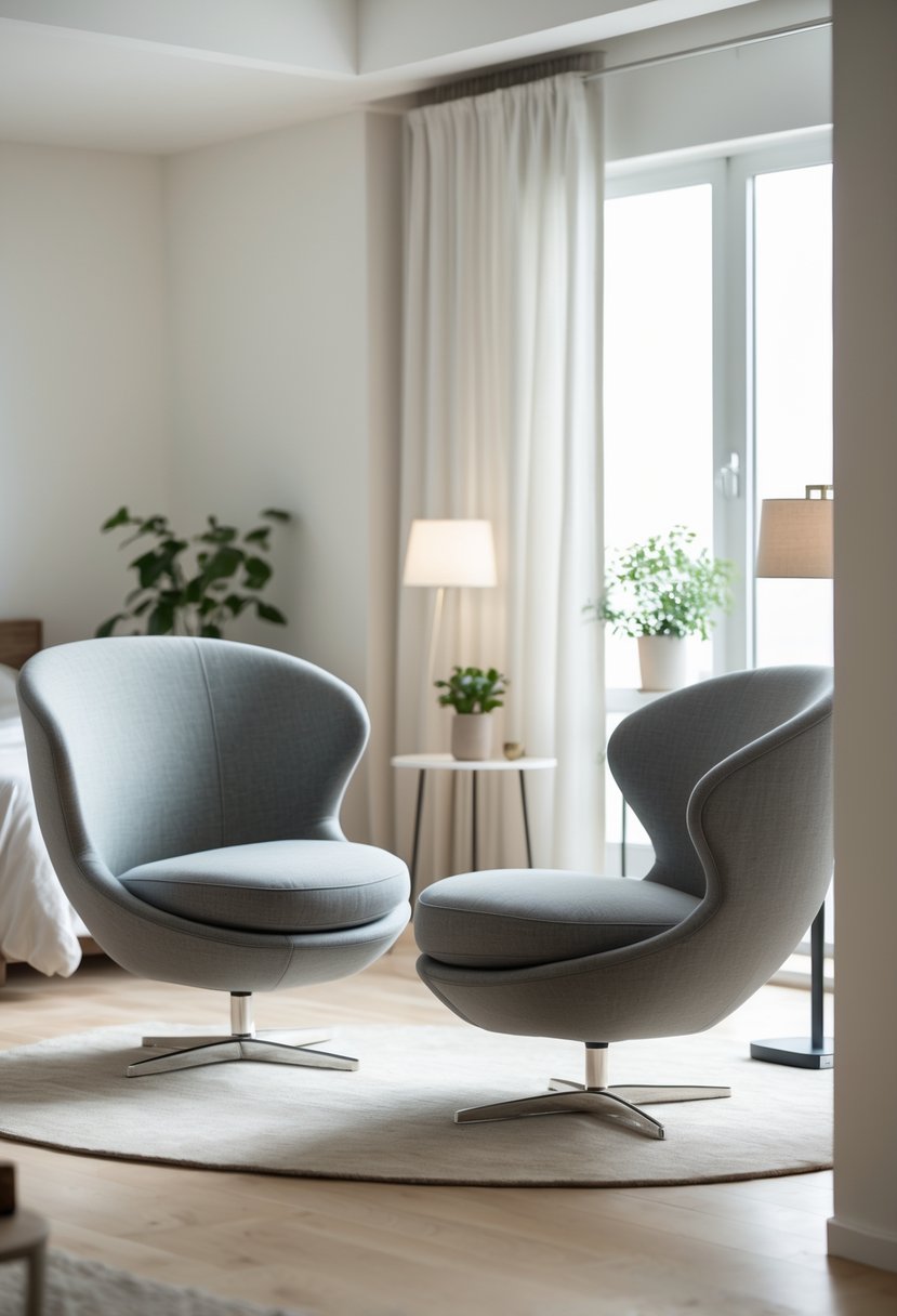 Corner-Free Furniture Ideas for Bedrooms & Living Rooms: 28 Stylish and Space-Savvy Picks 23 Two curved lounge chairs with swivel bases arranged in an open living space with light flooring and minimal decor.