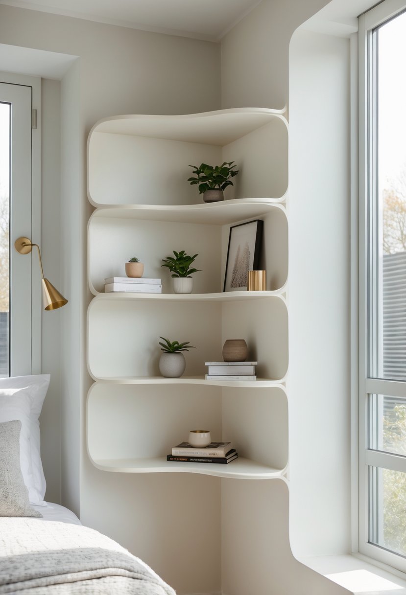 Corner-Free Furniture Ideas for Bedrooms & Living Rooms: 28 Stylish and Space-Savvy Picks 24 A corner of a bedroom or living room with rounded corner wall-mounted shelves holding decorative items.