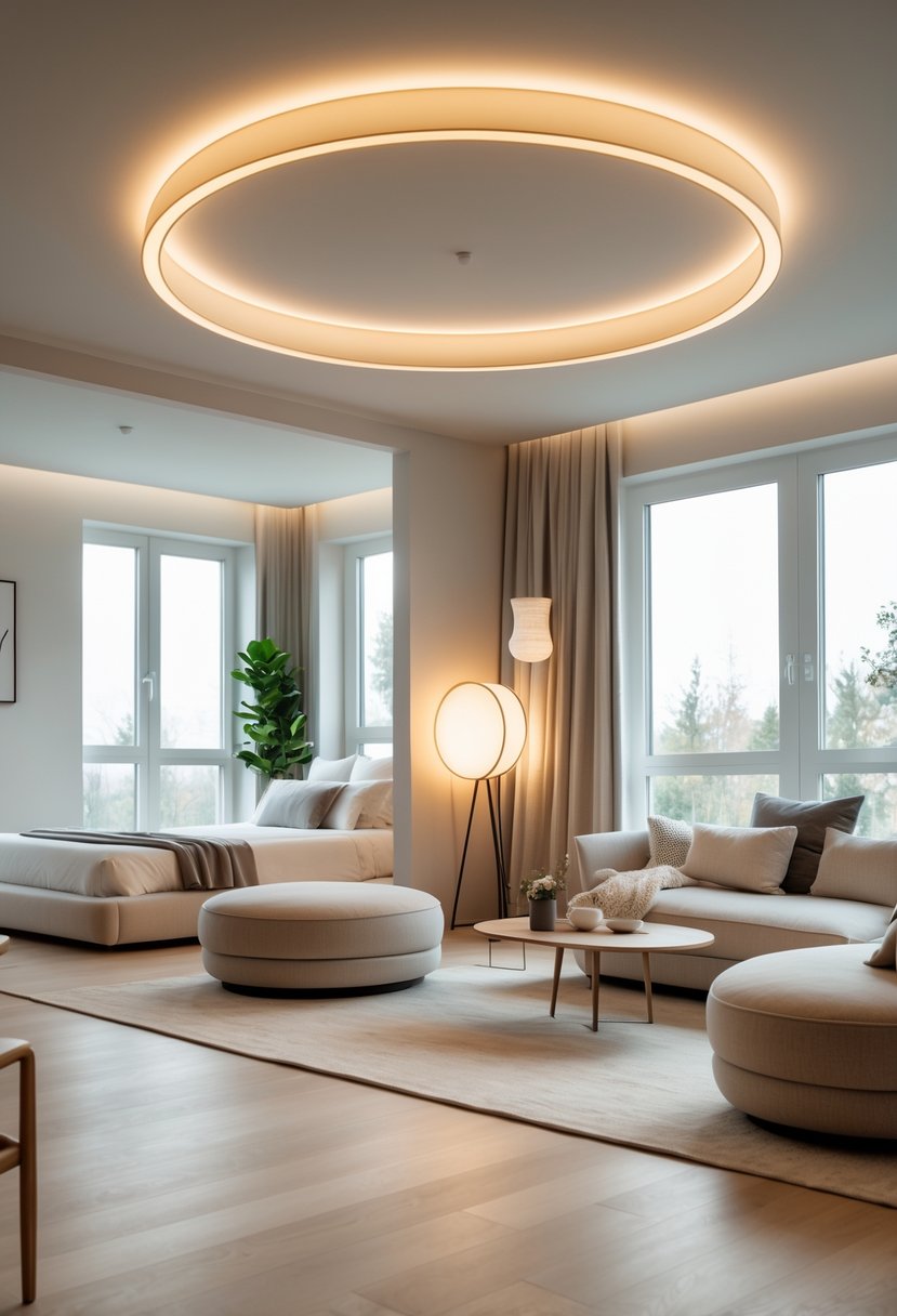 Corner-Free Furniture Ideas for Bedrooms & Living Rooms: 28 Stylish and Space-Savvy Picks 25 A bedroom and living room area with circular floor lamps glowing softly and furniture arranged without corners, creating an open and cozy space.