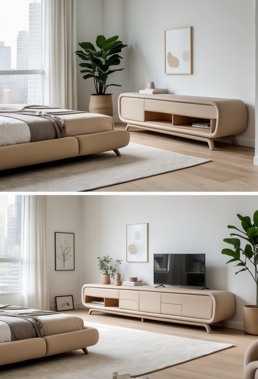 Corner-Free Furniture Ideas for Bedrooms & Living Rooms: 28 Stylish and Space-Savvy Picks 26 A bright bedroom and living room with soft-edged credenzas and open, corner-free furniture layout.