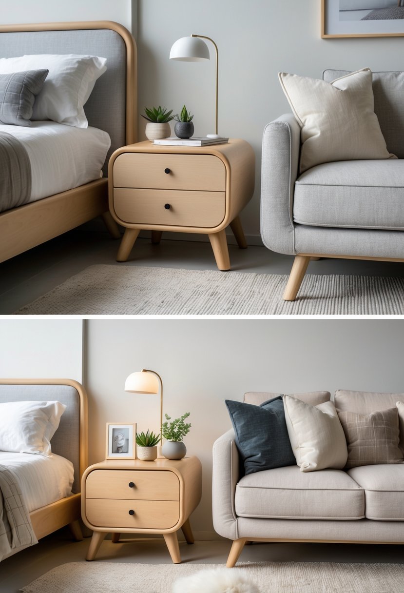 Corner-Free Furniture Ideas for Bedrooms & Living Rooms: 28 Stylish and Space-Savvy Picks 27 A bedroom and living room scene with rounded nightstands featuring drawers, next to a bed and a sofa.