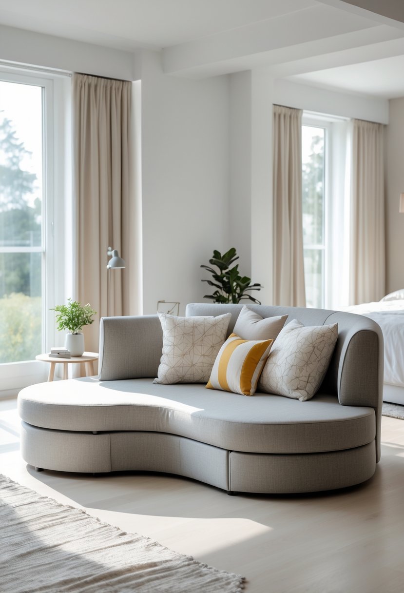 Corner-Free Furniture Ideas for Bedrooms & Living Rooms: 28 Stylish and Space-Savvy Picks 28 A curved sofa bed in a bright room with a side table, plant, and large windows.