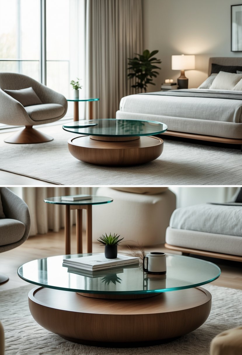 Corner-Free Furniture Ideas for Bedrooms & Living Rooms: 28 Stylish and Space-Savvy Picks 29 A living room and bedroom featuring rounded glass top coffee tables and bedside tables with smooth edges, arranged in a cozy and well-lit space.