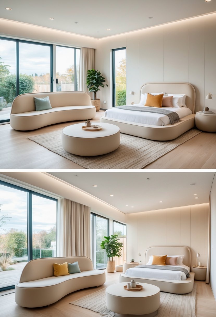 Corner-Free Furniture Ideas for Bedrooms & Living Rooms: 28 Stylish and Space-Savvy Picks 31 A bedroom and living room with furniture that has smooth, rounded edges and no sharp corners, arranged in a bright and inviting space.