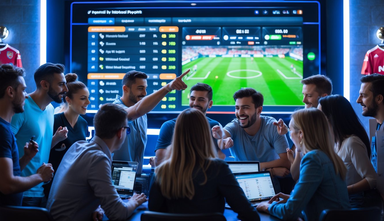 Sekelompok orang menikmati taruhan bola di depan layar digital yang menampilkan statistik dan peluang pertandingan sepak bola.