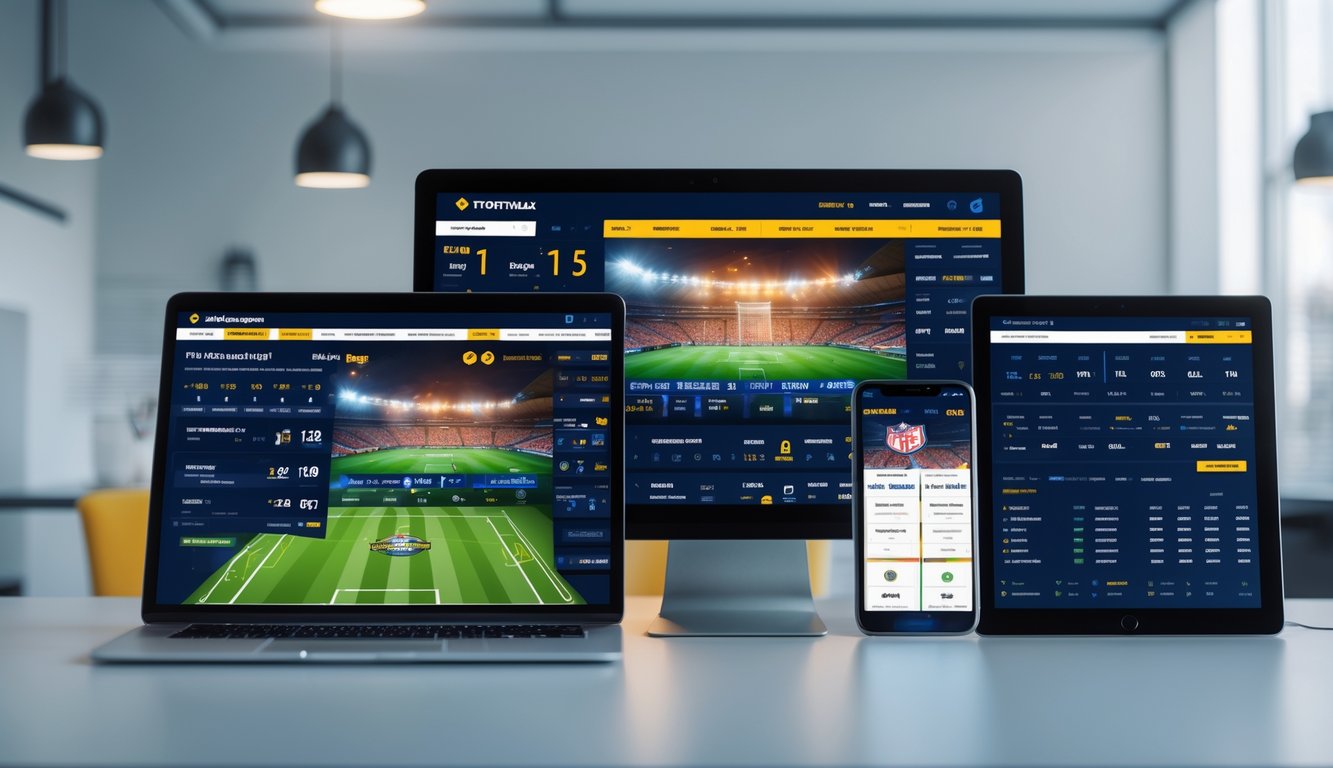 Tampilan antarmuka taruhan sepak bola online modern pada beberapa perangkat digital di meja kerja minimalis.