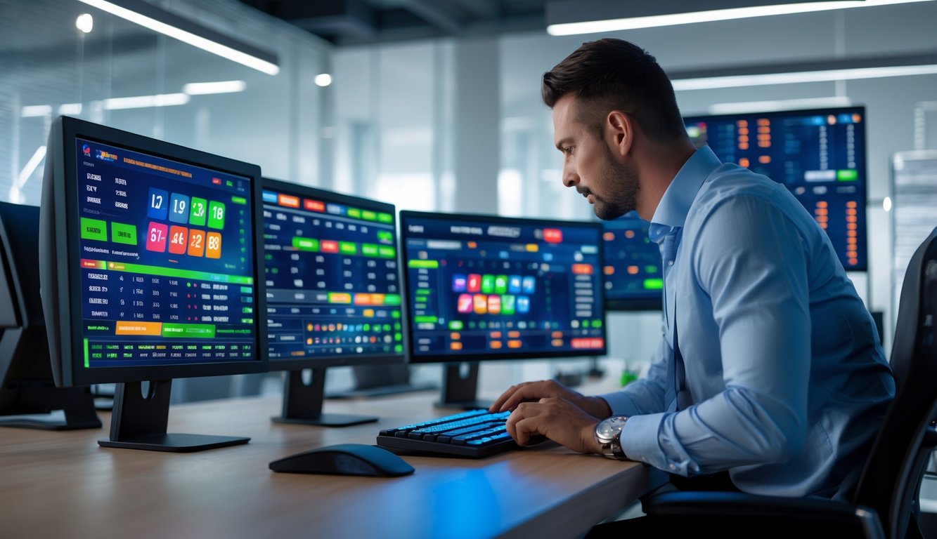 Seorang pria fokus menggunakan komputer dengan layar menampilkan data taruhan sepak bola terbaru di kantor modern.