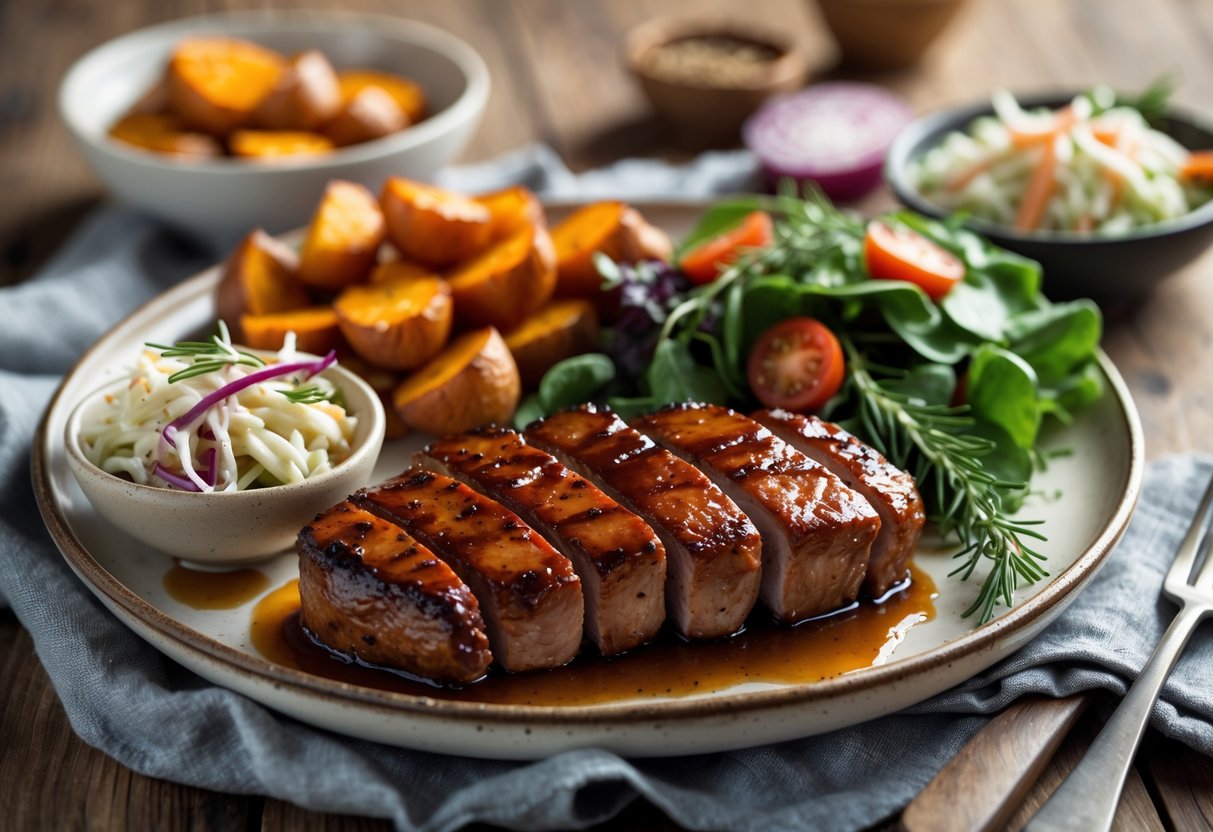 A plate with maple BBQ pork loin steaks served with roasted sweet potatoes, green salad, and coleslaw on a wooden table.