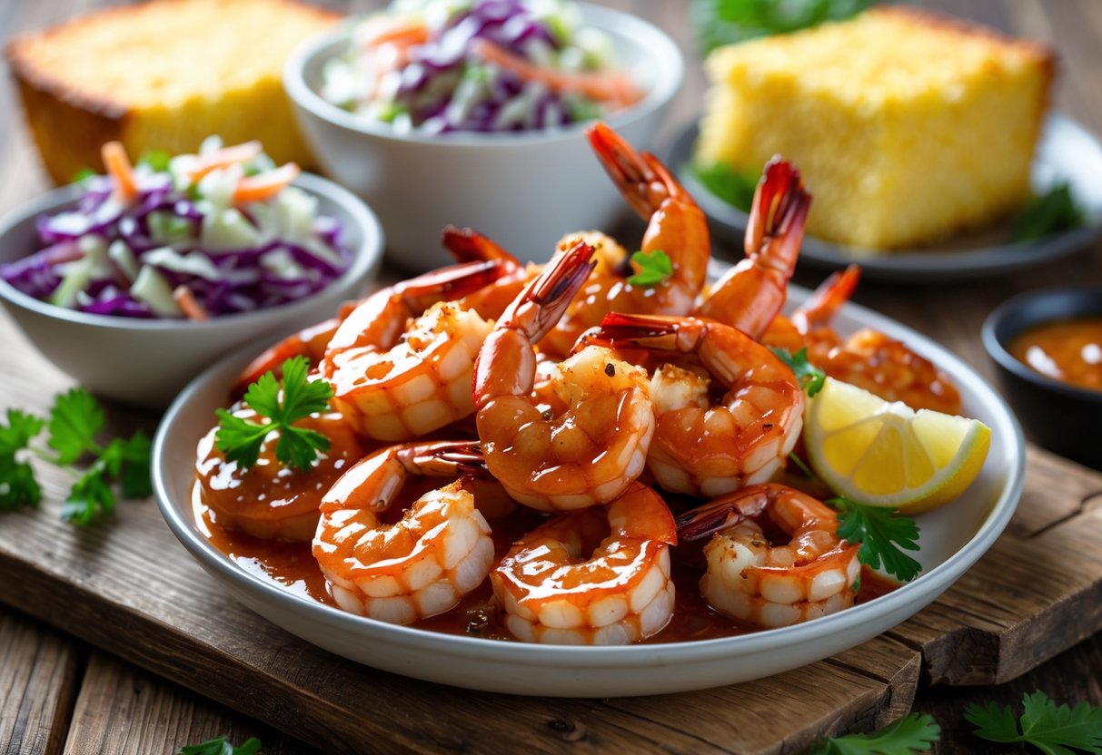 A plate of BBQ shrimp with lemon wedges and parsley, accompanied by coleslaw, cornbread, and dipping sauce on a wooden table.