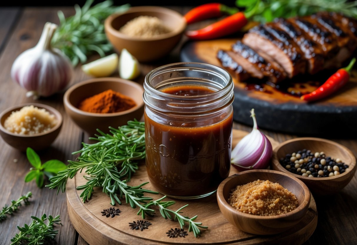 A wooden table with a jar of barbecue sauce surrounded by fresh herbs, spices, garlic, onions, chili peppers, and grilled meat on a cutting board.