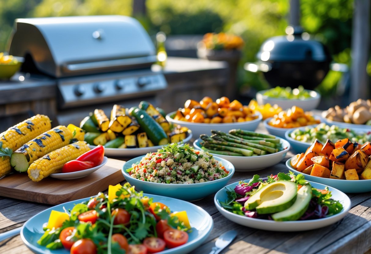 A table outdoors with an assortment of vegan side dishes including grilled vegetables, quinoa salad, roasted sweet potatoes, and mixed green salad.